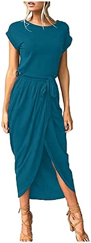 NOKMOPO Kokteyl Elbiseleri Kadınlar için Düğün Konuk Rahat Düz Renk Uzun Kollu Kemer İnce Düzensiz Elbise