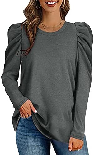 Crewneck Tişörtü Kadınlar için, 2023 Yeni Yıl Moda Puf Kollu Üstleri Zarif Şık Casual Bluz Katı / Boho Gömlekler