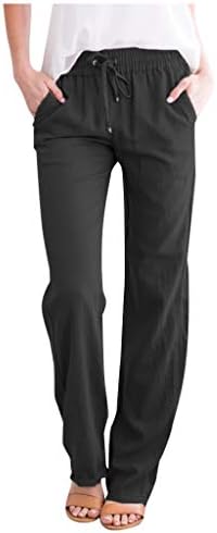 Geniş Bacak Keten Pantolon Kadınlar için Rahat Gevşek Düz Legg Pantolon Yaz Doğal Kravat Elastik Bel Cepler Salonu