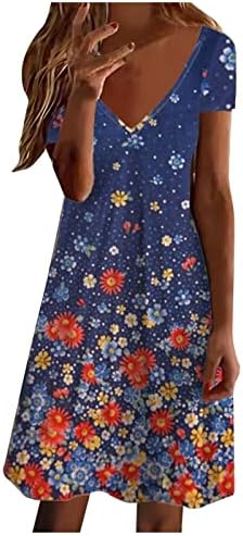 NOKMOPO Kısa Kollu Elbise Kadınlar için Sevimli Çiçek Kısa Kollu V Boyun Rahat Gevşek Fit Flare Elbise Plaj Mini Elbise