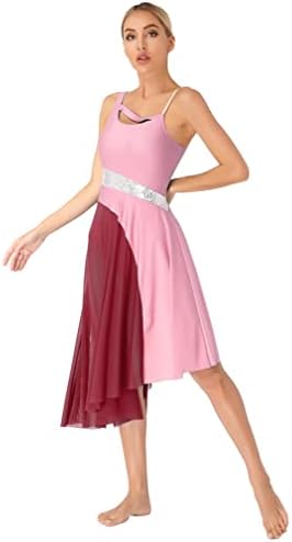 easyforever Bayan Kontrast Renk Parlak Sequins Dans Elbise Kolsuz Düzensiz Hem Lirik dans kostümü