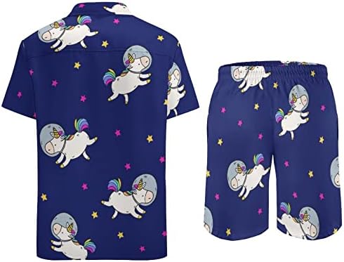 Unicorn Uzay erkek Hawaiian Düğme Aşağı Kısa Kollu Gömlek ve Pantolon Yaz Plaj Kıyafetleri Gevşek Fit Eşofman