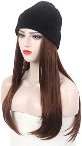 YFQHDD Bayanlar Saç Şapka Siyah Örme Şapka Peruk ile Uzun Düz Saç Kahverengi Peruk Şapka