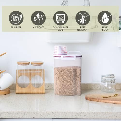 Pirinç Saklama Kutusu Tahıl Kapları Dağıtıcı BPA Ücretsiz Plastik + Hava Geçirmez Tasarım + Ölçüm Kabı + dekantör
