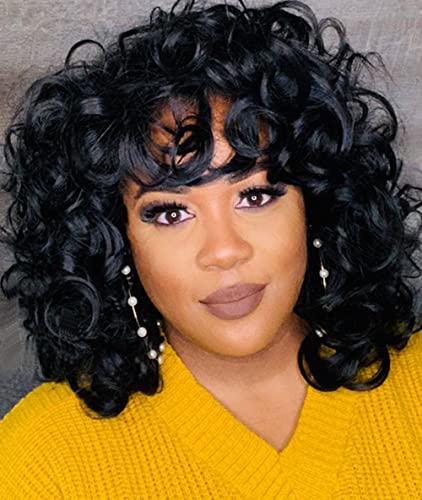 Siyah Kadınlar için kıvırcık Peruk Kısa Büyük Kıvırcık Siyah kahküllü peruk Doğal Sevimli Kinky Afro Saç Peruk Siyah