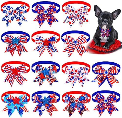 12 adet / paket ABD Bağımsızlık Günü Yavru Köpek Papyon ile Rhinestone 4th Temmuz Rhinestone Yıldız Köpek Yaylar Kravat