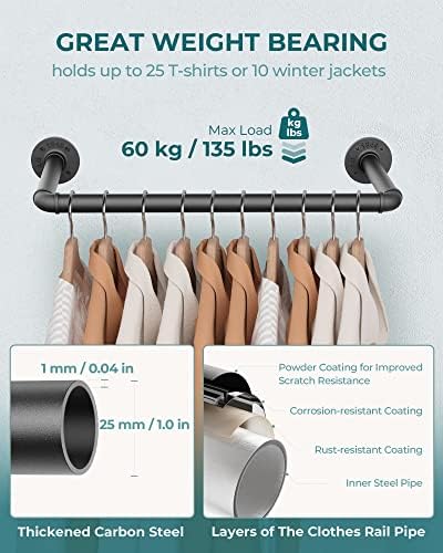 OROPY Endüstriyel Boru Giysi Rafı 21.6 2 Set, Ağır Hizmet Tipi Duvara Monte Siyah Demir Giysi Çubuğu, Çamaşır Odası