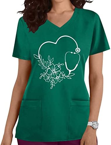 Bayan Rahat Scrub_Blouses Sevimli Grafik Baskı T Shirt V Boyun Kısa Kollu Tee Üstleri 2023 Yaz İş Giysisi