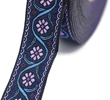 11 Yard Biriktirme 0.86 inç Geniş Mor ve Koyu Mavi Papatya Çiçeği Jakarlı Şerit Dikiş Trim Döşemelik Kumaş Kostüm