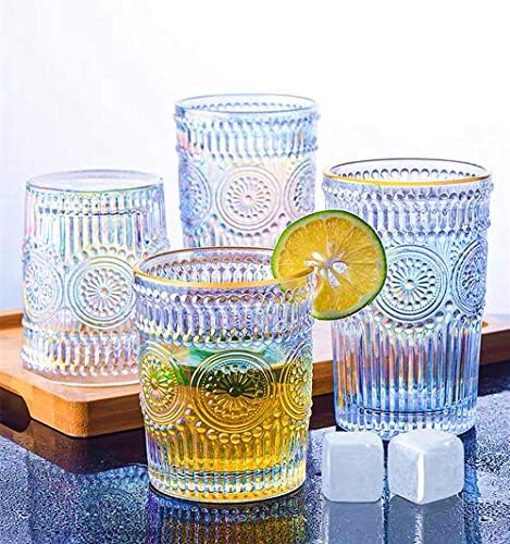 Chıcmo 9 oz Yanardöner içecek bardağı 6'lı Set, Altın Kenarlı Vintage Kabartmalı Su Bardağı Bardaklar, Şarap/Süt/Meyve