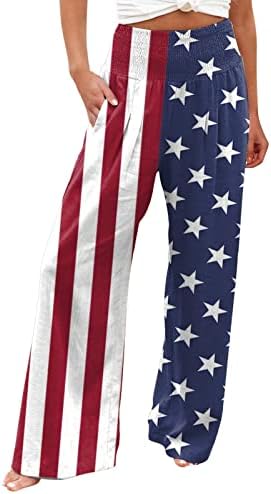 4 temmuz Keten Geniş Bacak Pantolon Kadınlar için Amerikan Bayrağı Dantelli Elastik Yüksek Belli Geniş Bacak cepli