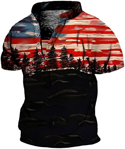 MIASHUI Erkek Balıkçı Yaka Gömlek uzun kollu erkek gömlek Moda Bağımsızlık Günü Kişilik Bayrak Baskılı Düğmeler Uzun