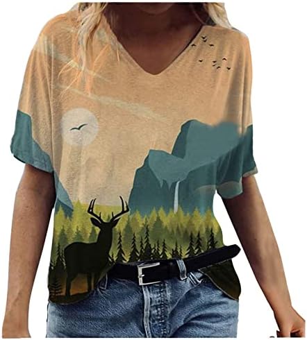 Bayan Yaz T Shirt Her Yerinde Baskı Gömlek V Boyun Kısa Kollu Bluz 2023 Moda Casual Tee Tops
