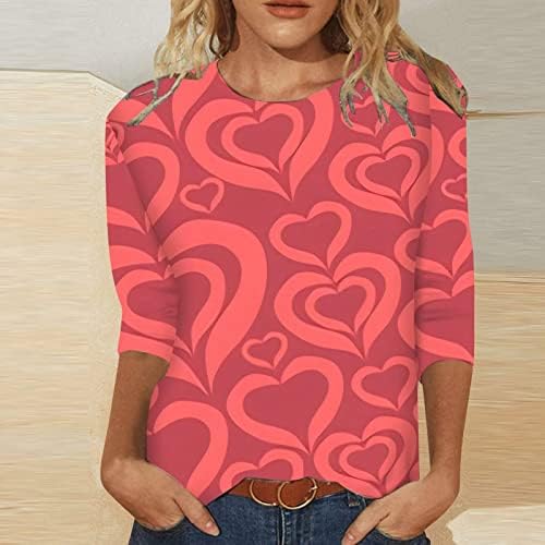 Sevgililer Günü Gömlek Kadınlar için Rahat Sevimli Aşk Kalp Grafik Tee Moda 3/4 Kollu Üstleri Hafif Crewneck Bluz