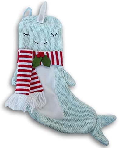 Narwhal Noel Çorabı-Şeker Şeritli Eşarplı Yumuşak Nane Mavisi Örgü-12 inç x 16 inç
