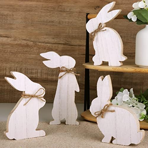 Treory Paskalya Süslemeleri Ev için, 4 adet paskalya tavşanı Doğal Ahşap Masa Centerpiece İşaretleri Paskalya Dekor