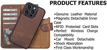 VENOULT Vintage Kahverengi iPhone 14 Pro MAX 6.7 Cüzdan Kılıf Hakiki Deri, Manyetik Ayrılabilir Lüks Flip Case, RFID