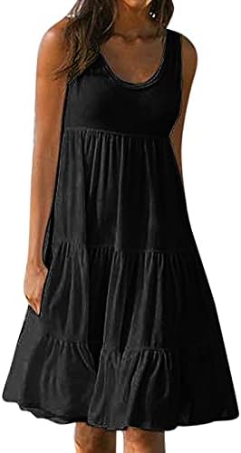 Kadın Plaj Mini Elbise Moda Düz Renk Ruffles Hem T-Shirt Elbise Yaz Kolsuz Gevşek Rahat Tatil Sundress