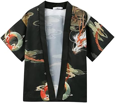 BEUU Japon Kimono Hırka Mens, Gevşek Açık Ön Dökümlü 3/4 Kollu Hafif Ejderha Baskı Rahat Pelerin
