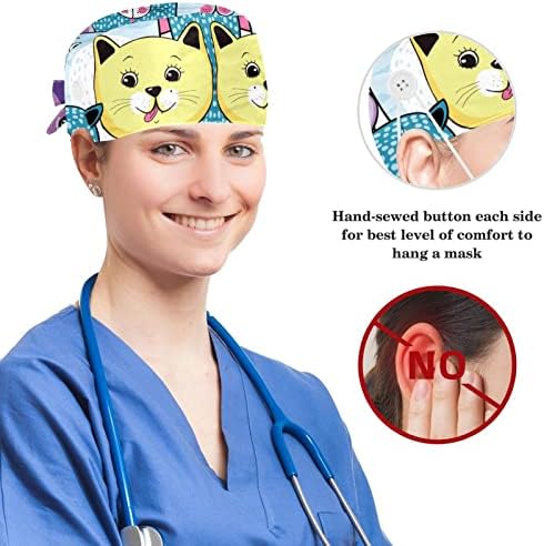 Düğmeli Ayarlanabilir Çalışma Başlığı, Sevimli Komik Kediler Cerrahi Başlık Ter Bandı, Fiyonklu Şapkaları Geri Bağlayın