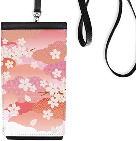 Kiraz Çiçekleri Bulutlar Pembe Desen Telefon Cüzdan çanta Asılı Cep Kılıfı Siyah Cep