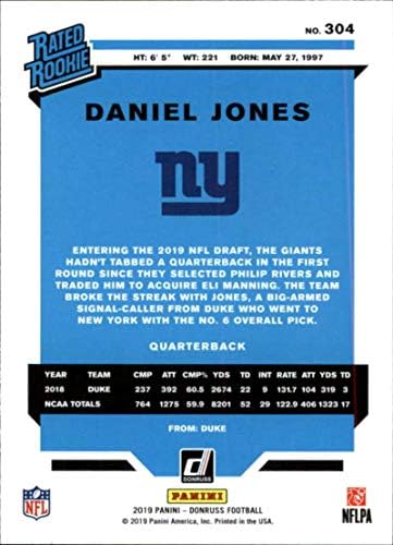 2019 Donruss 304 Daniel Jones New York Giants RR (Çaylak Olarak Derecelendirildi) NFL Futbol Kartı (RC - Çaylak Kartı)