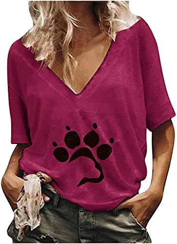 Bayan Yaz Üstleri, Bayan Casual Tops Kısa Kollu V Boyun Kedi Pençe Baskı T-Shirt Bluz Tunik Üstleri