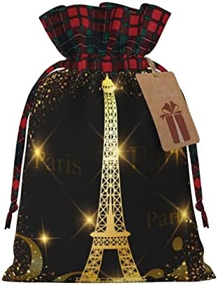 Noel İpli hediye keseleri Eyfel Kulesi-Altın Havai Fişek-Paris Buffalo Ekose İpli Çanta Parti İyilik Çanta