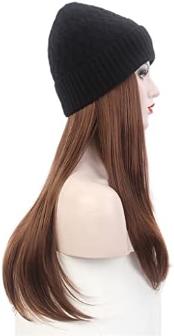 GANFANREN Bayanlar Saç Şapka Bir Siyah Örme Şapka Peruk ile Uzun Düz Saç Kahverengi Peruk Şapka Bir