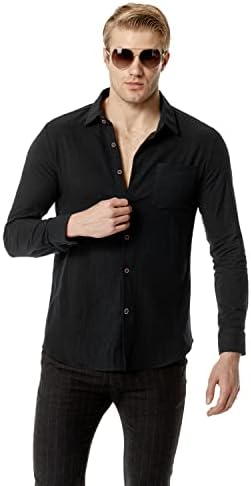 LucMatton erkek Rahat Pamuk Retro Tarzı Uzun Kollu Düğme Aşağı Slim Fit Gömlek Cepler ile
