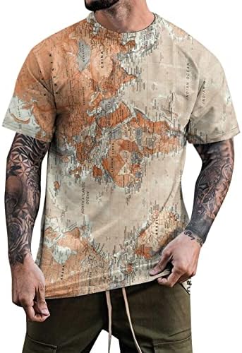 XXVR Erkek Asker kısa kollu tişörtler, Retro Dünya Haritası Baskı Crewneck Tee Tops Slim Fit Kas Egzersiz Rahat Gömlek