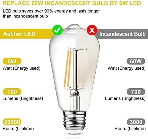 Ascher Kısılabilir Vintage LED Edison Ampuller, 6W, Eşdeğer 60W, 700lm, Sıcak Beyaz 2700K, 80 + CRI, ST58 Antika LED