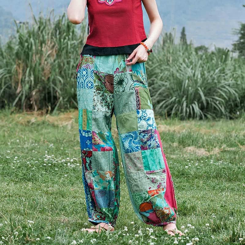 UKTZFBCTW Etnik Stil kadın Patchwork Dikiş İpli Bel Bloomers Tatil Seyahat Rahat yazlık pantolonlar Kadın EN8 M