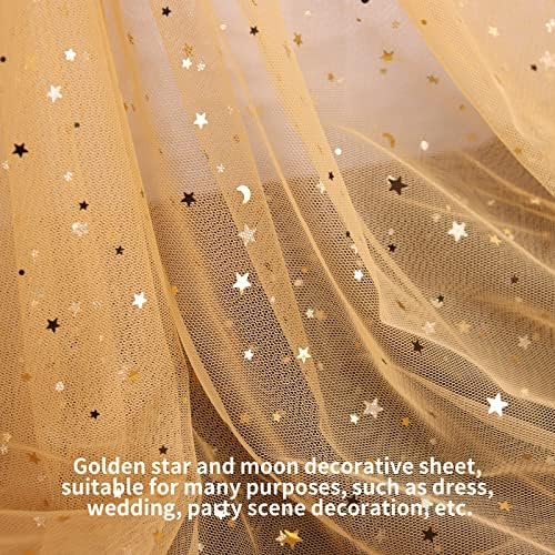 SHAYUAN 54 x 8 Yards Altın Glitter Tül Kumaş Rolls Altın Yıldız ve Ay Pullu Yumuşak Tül Şerit Elbise Tutu Etek DIY