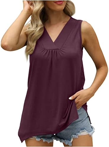 Oplxuo Kadın Yaz V Yaka Tankı Üstleri Temel Egzersiz T-Shirt Casual Gevşek Fit Tunik Tees Gömlek Katı Kolsuz Yelek