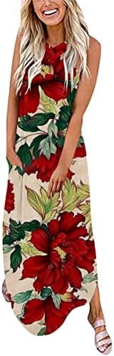Yaz Maxi Elbiseler Kadınlar için Rahat Seksi Anahtar Deliği Boyun Cepler uzun elbise Çiçek Kolsuz Baskı Tankı Elbise