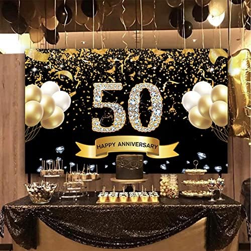 Trgowaul 50th Düğün Yıldönümü Süslemeleri, Siyah Altın 50th Yıldönümü Afiş Zemin, Mutlu 50 Yıldönümü Parti Malzemeleri