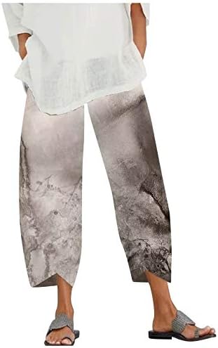 XXBR yazlık pantolonlar Kadınlar için, Boho Baskılı Rahat Pamuk Keten Geniş Bacak İpli Elastik Bel Kapriler Kırpılmış