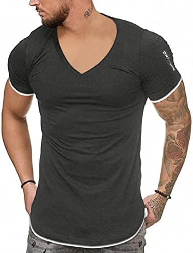 ıWoo Erkek V Boyun Tee Gömlek Kas Atletik Egzersiz T - Shirt Casual Kazak Tops Kontrast Renk Taban Tees Gömlek