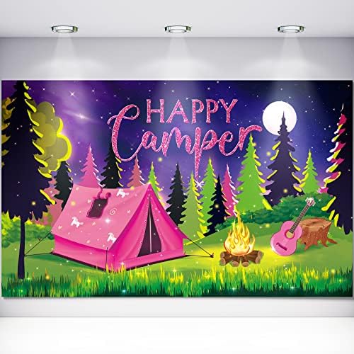 Mutlu Kamp Fotoğraf Backdrop Romantik Galaxy Pembe Çadır Kamp Ateşi Arka Plan ile Halat Kamp Tema Arka Plan Afiş Orman