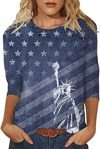 4th Temmuz Gömlek Kadınlar için ABD Bayrağı Yaz 3/4 Kollu Crewneck T - Shirt Dörtte Üçü Kollu Tatil Rahat Bluz Üst