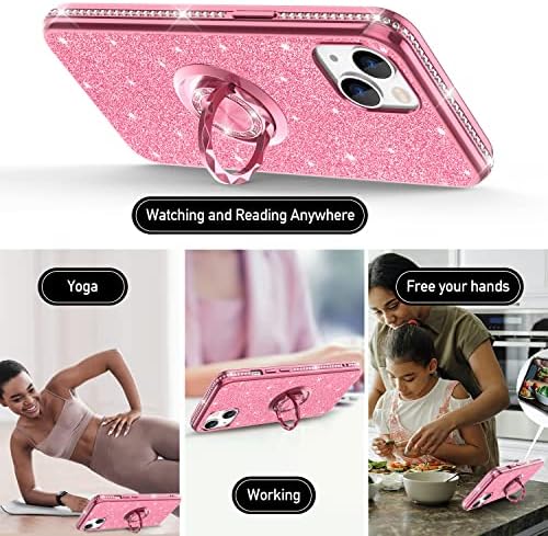 Henpone iPhone 14 ve iPhone 13 için Uyumlu Kılıf Glitter Bling Kılıfları için Halka Standı ile Kadın Kızlar Sevimli