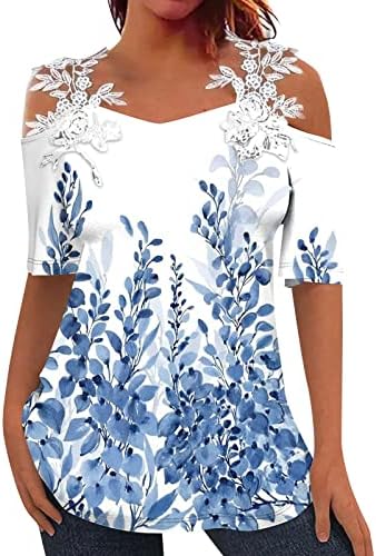 Tunik Üstleri Kadınlar için Gevşek Fit Dantel Soğuk Omuz Kısa Kollu T-Shirt Grafik Çiçek Baskı Gömlek Yaz Flowy Tees