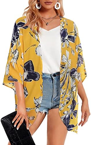 Yaz Bayan Çiçek Baskılı Puf Kollu Şifon Kimono Hırka Gevşek Cover Up Casual Bluz Tops Örtü Ön Hırka