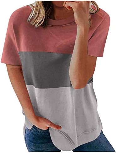 Kadın Grafik Tees Yaz Sevimli Üstleri Kısa Kollu Crewneck Gevşek günlük t-Shirt Renk Bloğu Şık Gömlek Rahat Tees