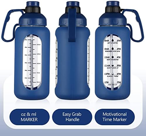 MUKOKO 64oz Pipetli Cam Su Şişeleri, zaman işaretli yarım galonluk su şişesi, Silikon Kollu Motivasyonel Su Şişesi,