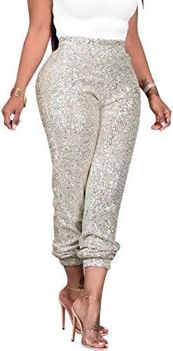 nqgsntc Kadınlar Casual Pullu Sparkle Glitter Yüksek Bel Kalem Pantolon Clubwear