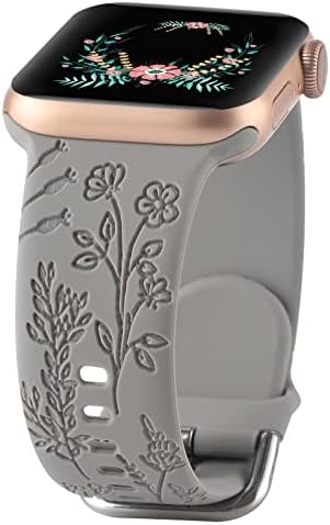 Çiçek Oyulmuş silikon bant Apple Watch ile uyumlu 38mm 40mm 41mm Kadın Erkek için, Çiçek Desen Lazer Baskılı yumuşak