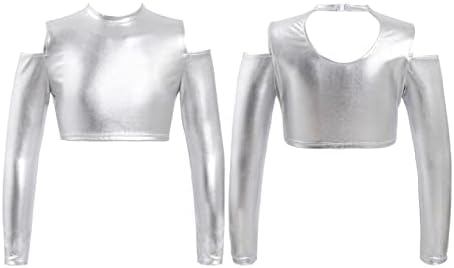 VernLan Kızlar Hip Hop Caz Leotard Dans Parlak Metalik Uzun Kollu Kapalı Omuz Kırpma Üst Atletik T Shirt Gümüş 10