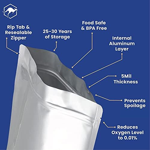15x5 Galon Wallaby Mylar çanta paketi-20 Tekli Sızdırmaz oksijen emici ve etiketli Gümüş (5 Mil) - Yeniden kapatılabilir